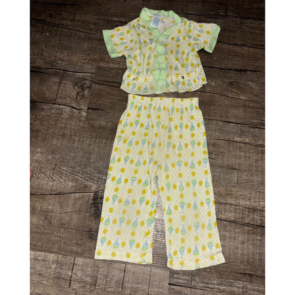 Vintage Carters Toddler 3T Pajama Set Sailboat Sun Nautical Knit Green Yellow‎